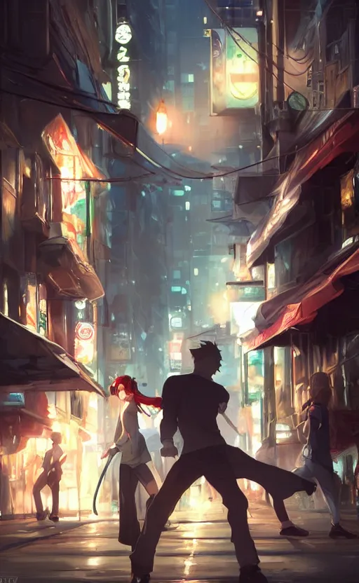 Image similar to a street fight, full shot, atmospheric lighting, detailed faces, by makoto shinkai, stanley artgerm lau, wlop, rossdraws