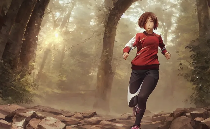 Image similar to a girl is running, red sport clothing, marathon, anime style, brown short hair, hair down, symmetrical facial features, from arknights, hyper realistic, rule of thirds, extreme detail, detailed 4 k drawing, safebooru, realistic lighting, by alphonse mucha, greg rutkowski, backlit