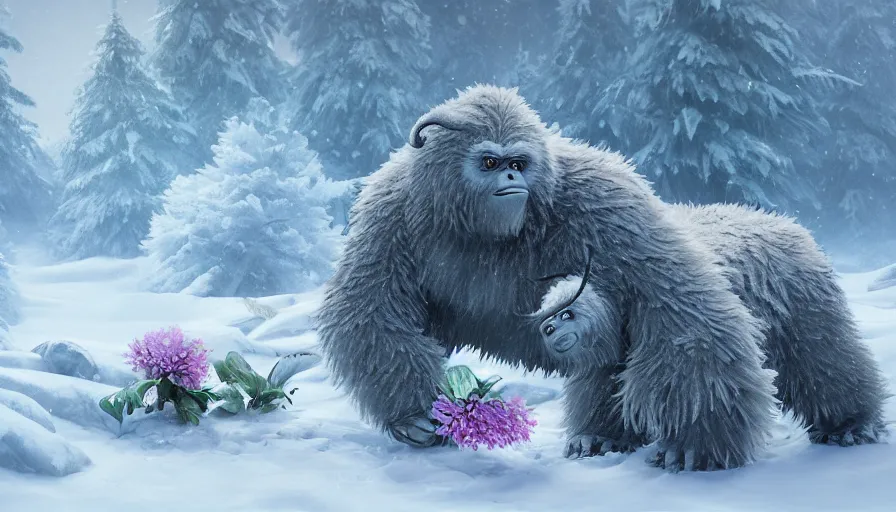 Image similar to baby yeti harvesting flowers in the snowy forest, hyperdetailed, artstation, cgsociety, 8 k