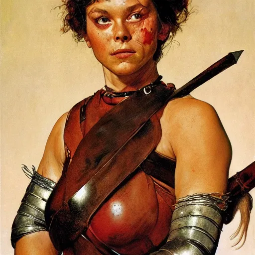 Prompt: portrait of a beautiful savage muscular barbarian female with light leather armor, by norman rockwell