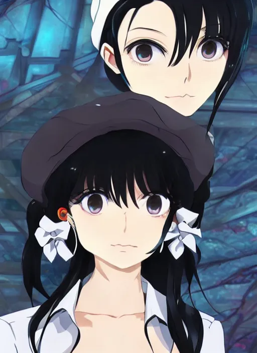 Image similar to key anime visual of a beautiful girl wearing a beige beret and blue shirt; long black hair; in the artstyle of Persona, Persona video game art