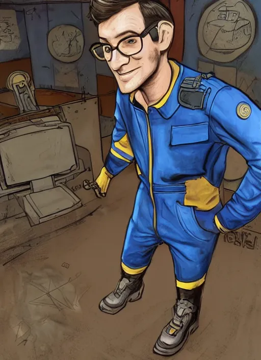 Prompt: scott the woz as a vault dweller in fallout, wearing a blue vault dweller jumpsuit, beautiful high quality realistic game concept art, trending on artstation by ilya nazarov