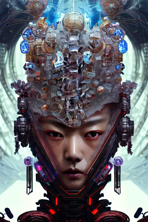 Image similar to asura from chinese myth, ghost, gorgeous and huge head ornaments, dystopian, cyberpunk, organic fractal mycelum and fungi, mecha, halfturn portrait of a big crystal face made of crystals half - turn, ominous, intricate, studio, art by anthony macbain + greg rutkowski + alphonse mucha, concept art, 4 k, sharp focus