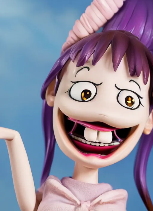 Prompt: a hyperrealistic lowbrow oil panting of a looney kawaii anime girl figurine caricature with a big dumb goofy grin and large pretty sparkling eyes featured on Wallace and Gromit by studio trigger