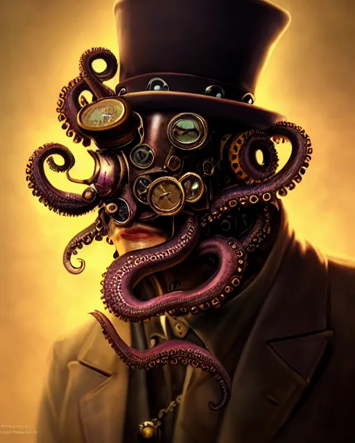 Image similar to steampunk male octopus portrait, handsome, steampunk hat, detective coat, steampunk monocle, complex 3 d render by ilya kuvshinov, peter mohrbacher, greg rutkowski, ryohei hase, dramatic lighting, intricate, highly detailed, sharp focus, luminous, unreal engine, blender, artstation, masterpiece, ray tracing