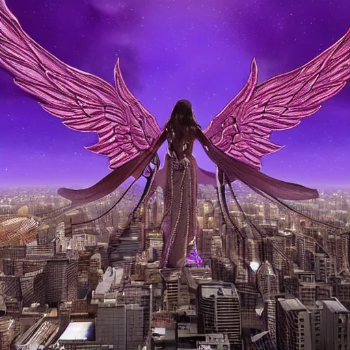 Image similar to a render of a gigantic biblically accurate angel with rings of fire and many eyes over a city, purple, gold, hyper detailed, realistic, photorealistic