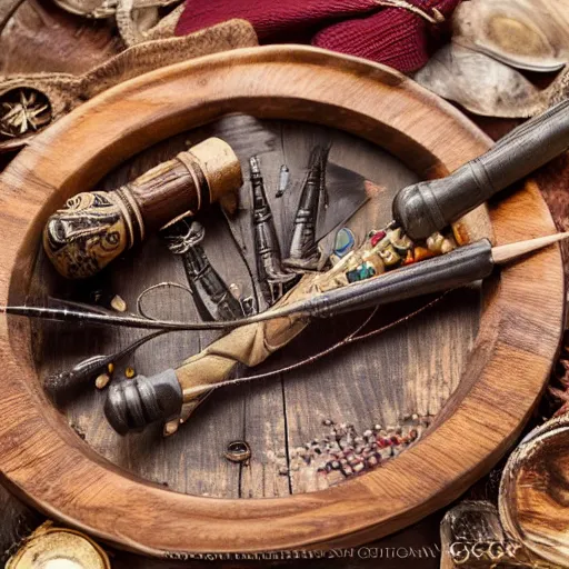 Prompt: professional photography of magic wands on a wooden platter, high detail, harry potter, 4 k, pinterest