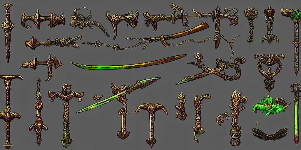 Prompt: game asset, concept art of various bronze swords, high quality pixel art, rpg, very coherent and colourful high contrast masterpiece.