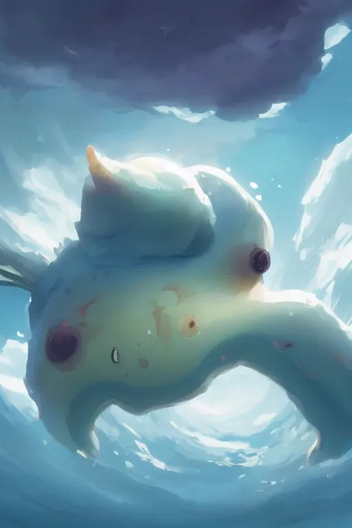 Image similar to a very cute sea slug rabbit close up, by rhads, makoto shinkai and lois van baarle, johannes voss, low angle fisheye view, sky whith plump white clouds, elegant, highly detailed, artstation, 8 k, unreal engine, hdr, concept art, volumetric lighting matte