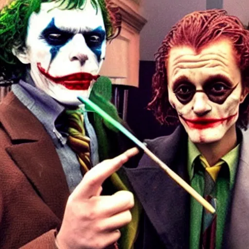 Prompt: harry potter hanging out with the joker while smoking