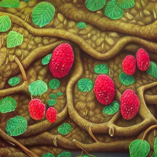 Image similar to a beautiful painting powerful raspberry forest raspberry forest pod cocoa pine tree nut, by wendy froud and ghibli studios, an 8 megapixel webcam recording electron microscope, national geographic photo aquatic creepy village couch turtle