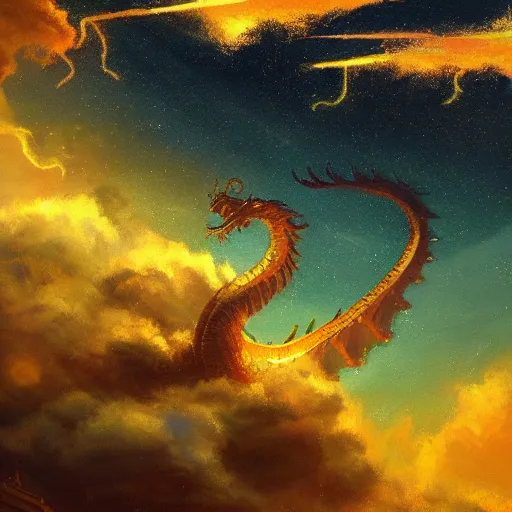 Image similar to beautiful oil painting of golden eastern dragon alone in sky, green lightning, night clouds, above city, high detail, trending in artstation