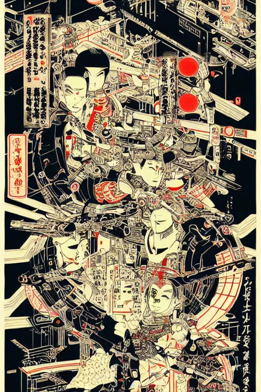 Image similar to futuristic japanese cyberpunk bladerunner silk screen by utagawa yoshiiku, ohara koson, pixiv contest winner, cyberpunk style, cyberpunk color scheme, mechanical, robotic, human machine interface, high resolution, hd, bold clear lines