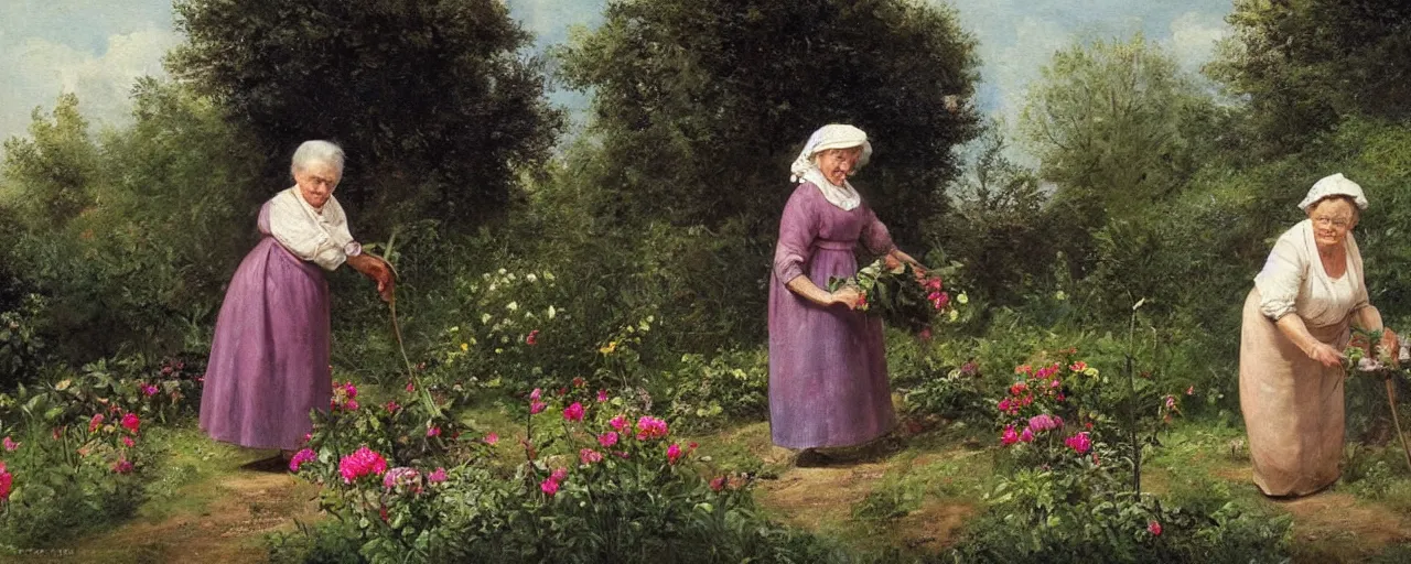 Prompt: a very old woman taking care of her flowers in the garden, 1800 picture style