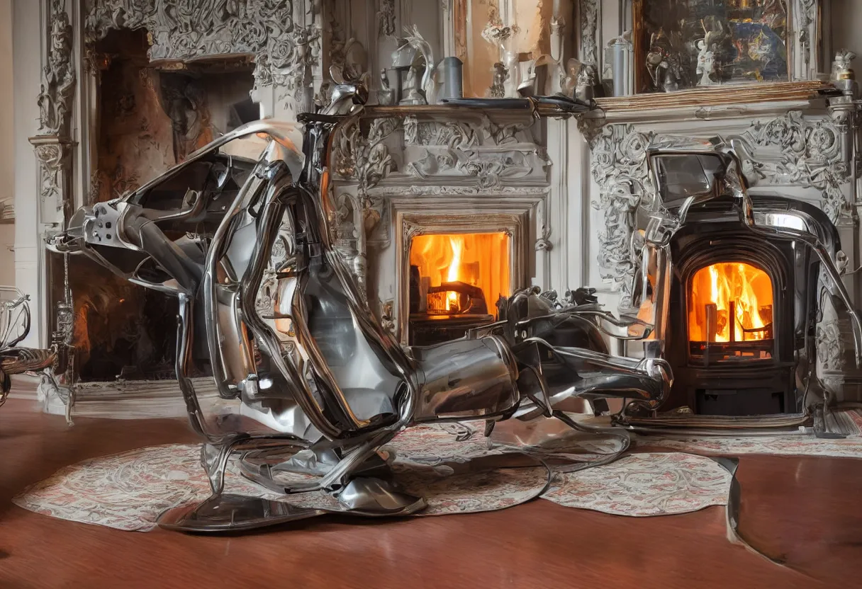 Image similar to Extreme close up photograph of a futuristic robot reclining on a 1950s fainting chair in front of a single beautiful fireplace in a pristine traditional Victorian home, by Simon Stalenhag