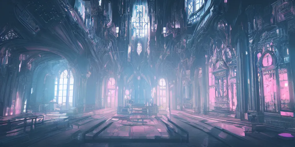 Prompt: Beautiful interior of a classy Neo-Gothic cyberpunk temple with neon lights, hyperdetailed, volumetric lighting, artstation, cgsociety, 8k