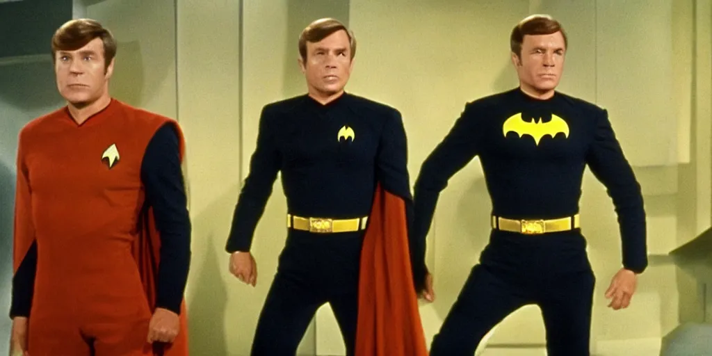 Prompt: ((Batman)) in Starfleet uniform, in the role of Captain Kirk in a scene from Star Trek the original series