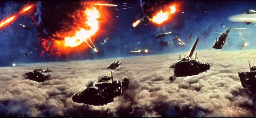 Prompt: a film still of an epic ww 2 space battle, explosions, directed by roger corman, wide angle, rule of thirds, colorful, 4 k, hd, hyperrealistic, 7 0 mm