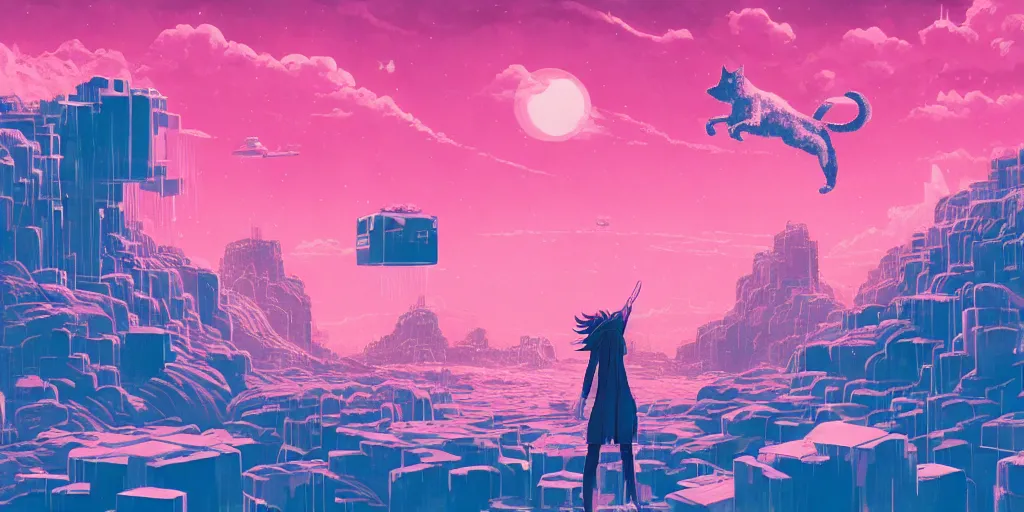 Image similar to sci - fi, risograph illustration, gigantic cat speaking to floating women in the air, cubes of ice around, a lot of tears, people crying, ominous, style by alberto mielgo, epic anime composition, super - detailed, full - shot, 8 k