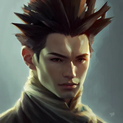 Prompt: portrait of gon freecs hunter hunter, male, thin pursed lips, sharp jaw black hair soft hair swept back dark medium length hair, anime, fantasy, intricate, elegant, highly detailed, digital painting, artstation sharp focus, hunterpedia madonna art by artgerm and ruan jia and ross tran