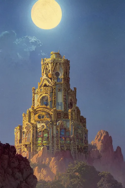 Image similar to glorious painted tower of the moon, by Sylvain Sarrailh and Ludwig Deutsch and edmund dulac, dramatic cinematic lighting , beautiful colorful tilework, ornate architecture, smooth, sharp focus, extremely detailed