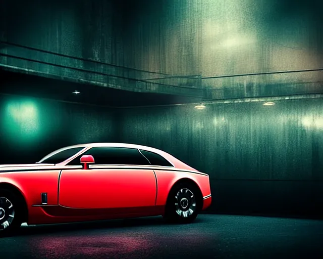 Image similar to future rolls royce car with red neon, 2 0 5 0 sci - fi, full frame, dark and mysterious, atmospheric, ominous, eerie, cinematic light, epic, 8 k 3 d, ultra detail, ultra realistic, by wlop, by mucha, by giger