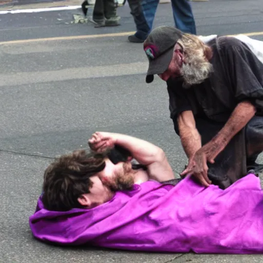 Image similar to homeless man fighting barney