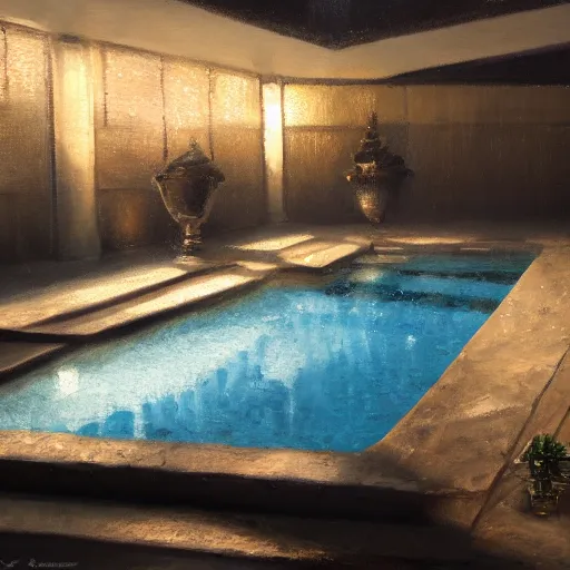 Prompt: a glistening pool, dramatic lighting, oil painting, pale colors, high detail, 8 k, wide angle, trending on artstation,