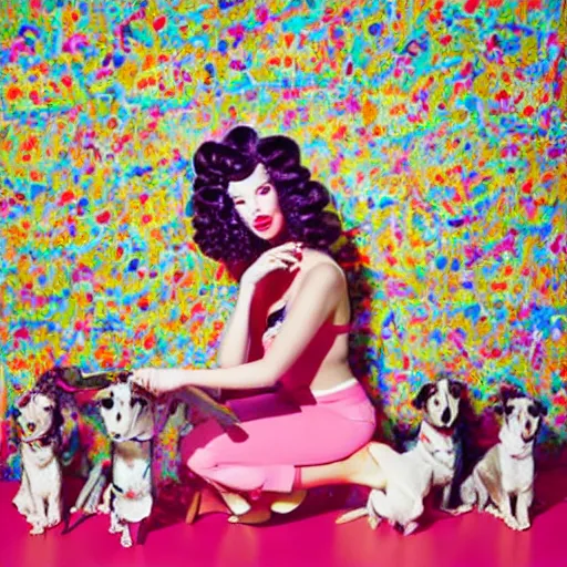 Image similar to a portrait of a beautiful fashion model that is curling her hair and hir dogs in the curls. surreal photograph, toiletpaper magazine, 3 5 mm photograph, colourful, by pierpaolo ferrari, maurizio cattelan, sandy skoglund, georges de la tour