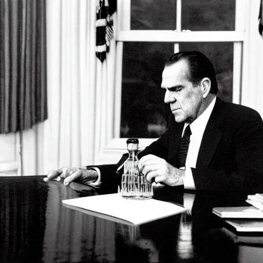Image similar to Richard Nixon drinking out of a bottle of whiskey in the oval office, photo
