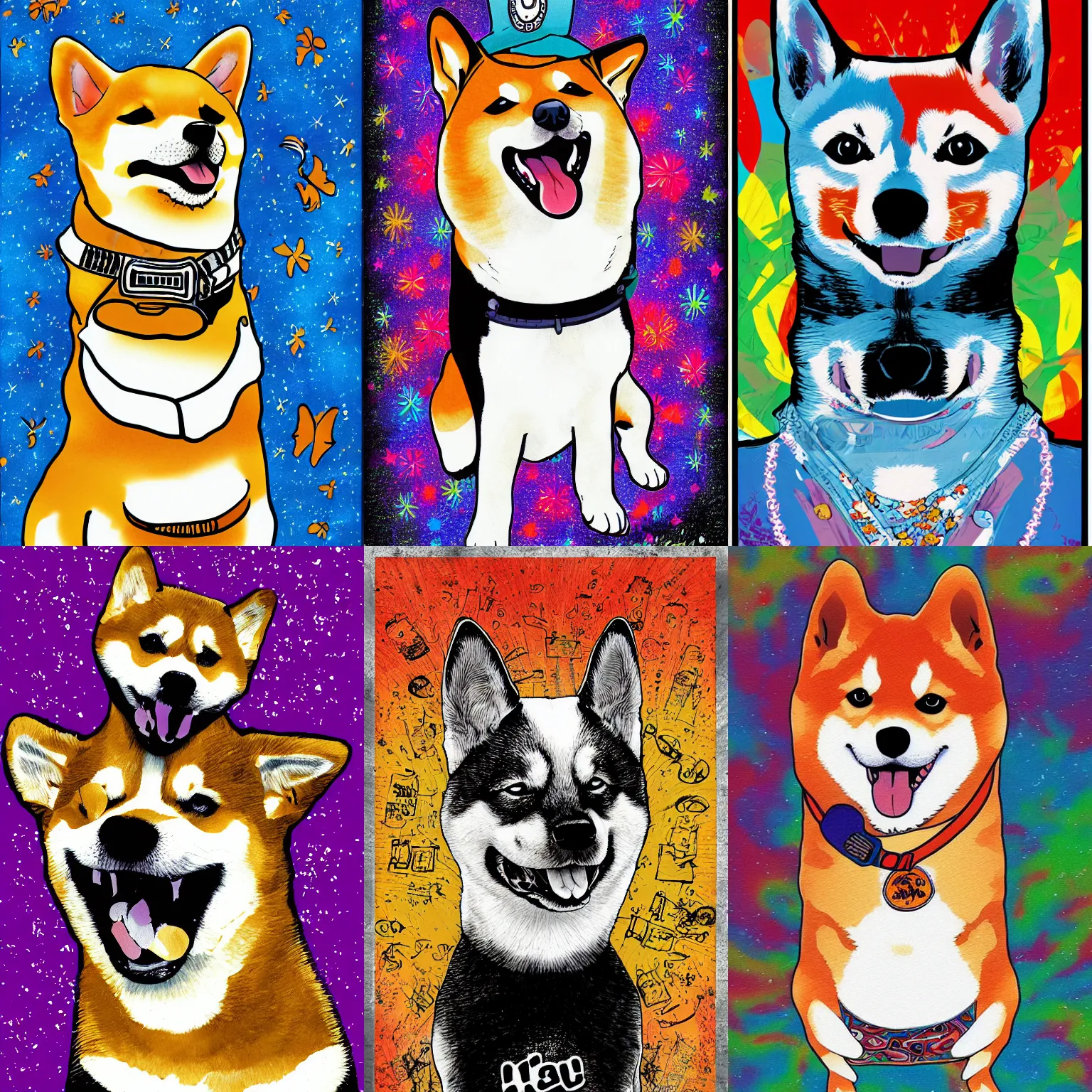 Prompt: Shiba Inu illustration , Derp, in the style of a jimmy hendrix poster