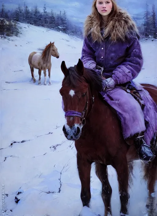 Prompt: portrait of a nordic girl with violet eyes in a snowy tundra, the girl with violet eyes has a horse. by Daniel F. Gerhartz, hyperrealistic oil painting, 4k, very detailed faces, studio lightning