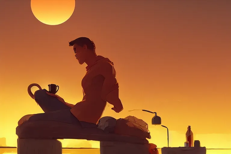 Prompt: a man drinking tea and watching the sunset by the beach in the style of artgerm, charlie bowater, atey ghailan and mike mignola, vibrant colors and hard shadows and strong rim light, plain background, comic cover art, trending on artstation