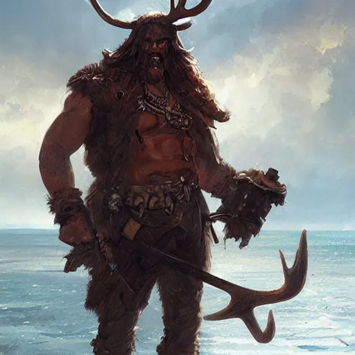 Prompt: anthropomorphic moose barbarian pirate humanoid by greg rutkowski, ship, sea, fantasy