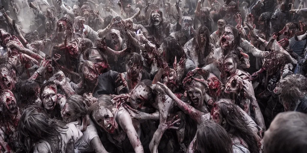 Image similar to epic scene of zombie moshpit, post-apocalyptic, post-human, dramatic, highly detailed, sharp focus, 8k, 35mm, cinematic lighting