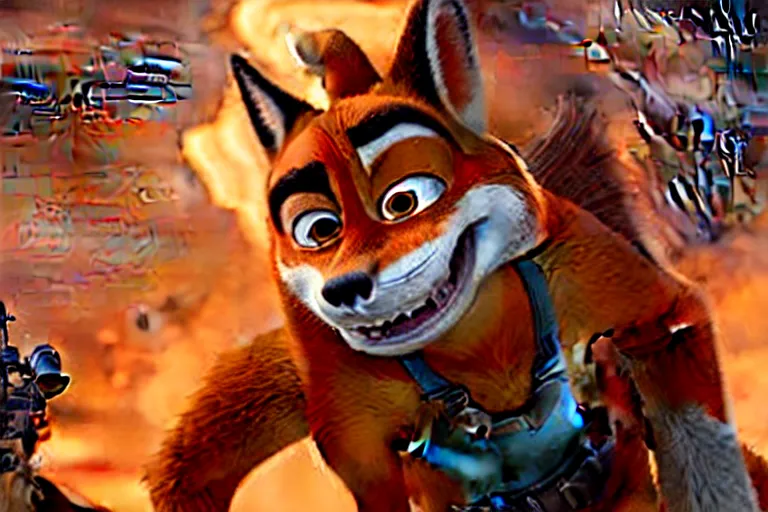 Image similar to nick wilde ( from zootopia ), heavily armed and armored facing down armageddon in a dark and gritty reboot from the makers of mad max : fury road : witness me