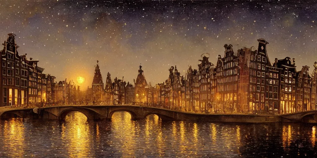 Prompt: a view from the amstel river in amsterdam at night with the sky full of stars, intricate, elegant, highly detailed, digital painting, artstation, concept art, smooth, sharp focus, colored illustration for tattoo, art by krenz cushart and artem demura and alphonse mucha