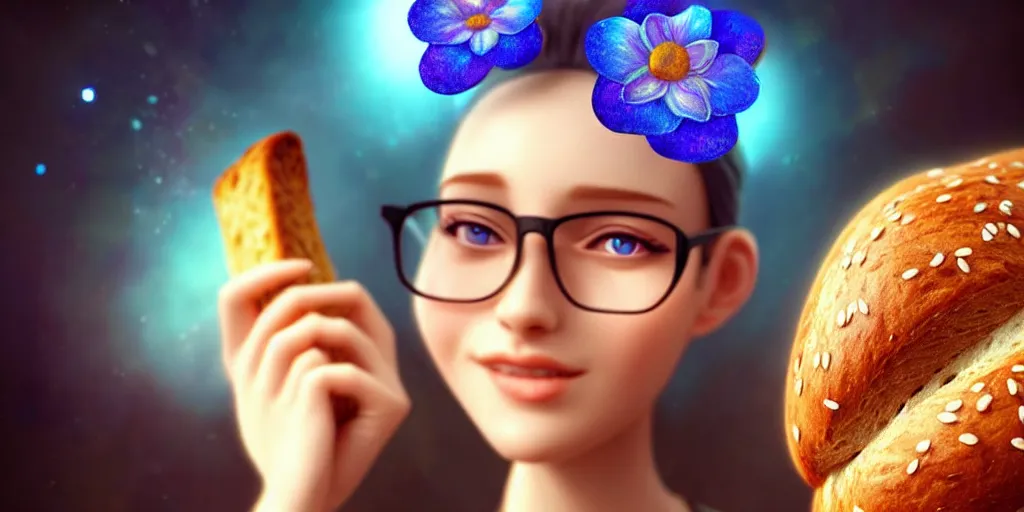 Image similar to epic professional digital art of a smiling bread toast wearing 👓 and a blue flower, best on artstation, cgsociety, wlop, cosmic, epic, stunning, gorgeous, much detail, much wow, masterpiece, backlight