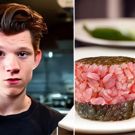 Prompt: Tom Holland eating spam musubi