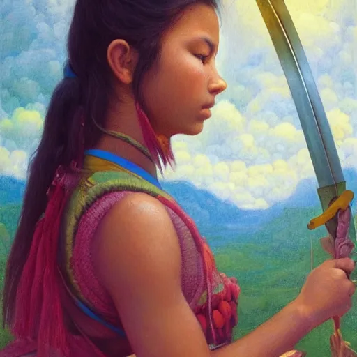 Prompt: a ultradetailed beautiful painting of a latina brazilian venezuelan young woman girl holding a sword in the amazonas by hsiao ron cheng, ngai victo, nivanh chanthara jean delville wlop and dougherty patrick, trending on artstation, scifi, futurism, postcapitalism, octane rendering, sharp focus, soft light