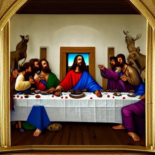 Image similar to a beautiful mixed mediart of the last supper, with jesus and his disciples replaced by various animals. the mixed mediart is set in a forest, with a deer at the head of the table and a squirrel and rabbit to either side. 4 k resolution by joel rea, by eddie mendoza offhand, a e s t h e t i c