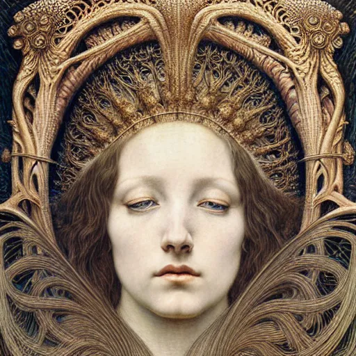 Image similar to detailed realistic beautiful young medieval queen face portrait by jean delville, gustave dore, iris van herpen and marco mazzoni, art forms of nature by ernst haeckel, art nouveau, symbolist, visionary, gothic, pre - raphaelite, fractal lace, surrealityhorizontal symmetry