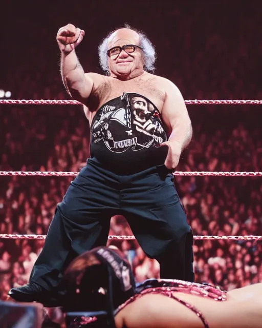 Image similar to portrait of danny devito as a wwe professional wrestler. photographic, photography