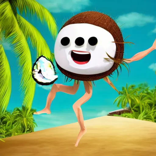 Image similar to The friendly coconut character with a face arms and legs jumps for joy! Action photo. Highly stylized. Anime.