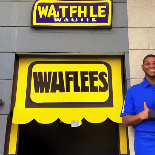 Image similar to wafflehouse employee's standing below wafflehouse sign, employees uniform is blue and black with yellow name tags