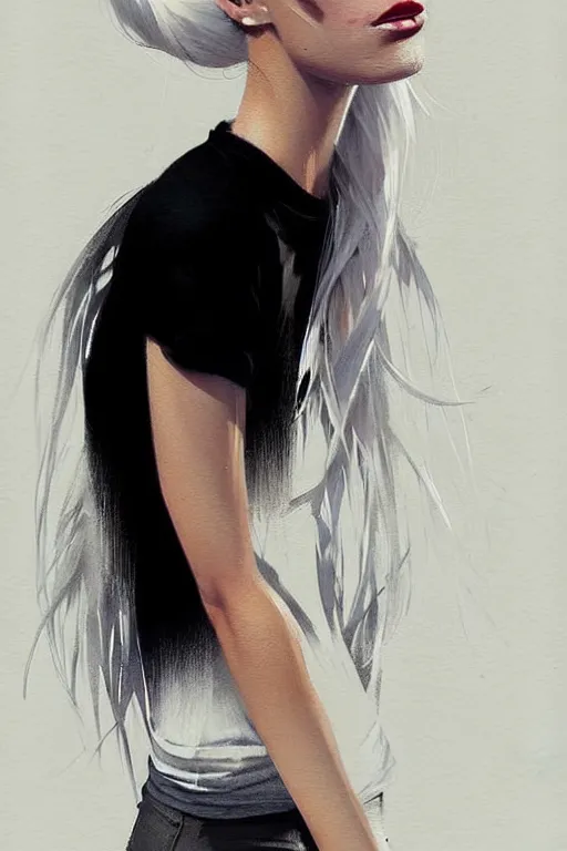 Image similar to a ultradetailed beautiful painting of a stylish woman in with white hair in a ponytail, she is wearing a black tank top, by conrad roset, greg rutkowski and makoto shinkai trending on artstation