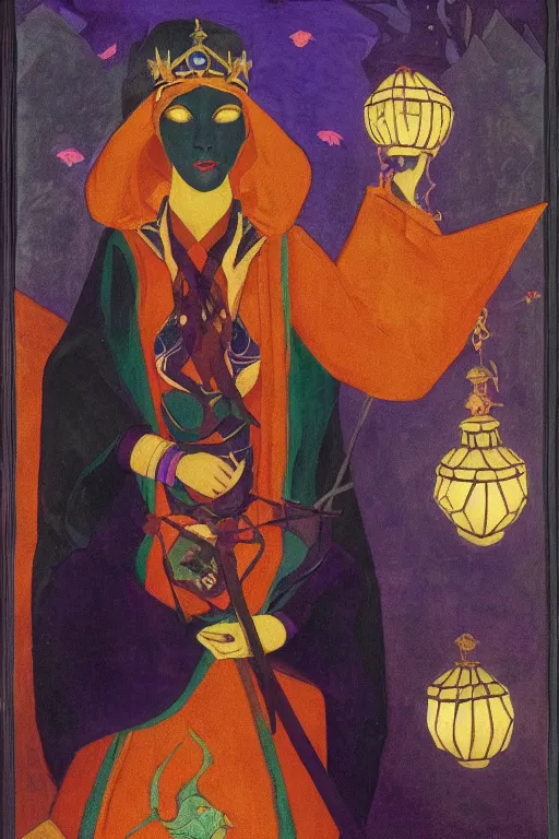 Image similar to queen of night with her lantern and birds, by Nicholas Roerich, black leather and embroidered velvet, iridescent beetles, rich color, dramatic cinematic lighting, extremely detailed