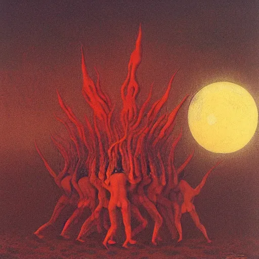 Prompt: crimson devils dancing around a large bonfire, a small moon is in the sky, by Zdzisław Beksiński