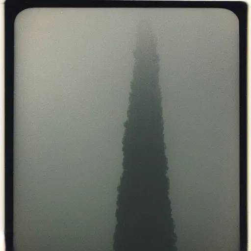 Image similar to a towering statue in a forest clearing reaching into the fog, night, old polaroid, expired film, megalophobia,