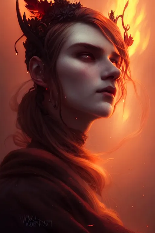 Image similar to a burning witch closeup filled background around face, fantasy magic, undercut hairstyle, dark light night, intricate, elegant, sharp focus, illustration, highly detailed, digital painting, concept art, matte, art by wlop and artgerm and greg rutkowski and alphonse mucha, masterpiece